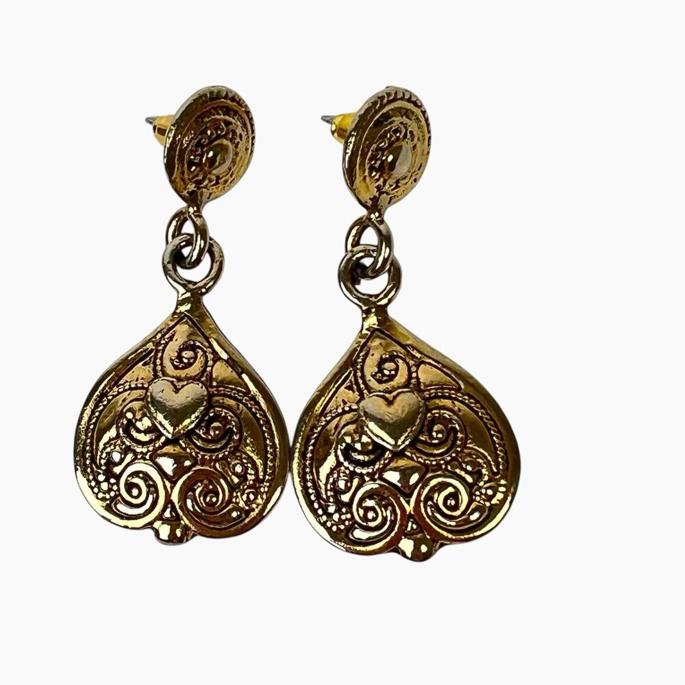 Vintage Gold Tone Dangle Earrings Inverted Heart Pierced Intricate Scroll Detail